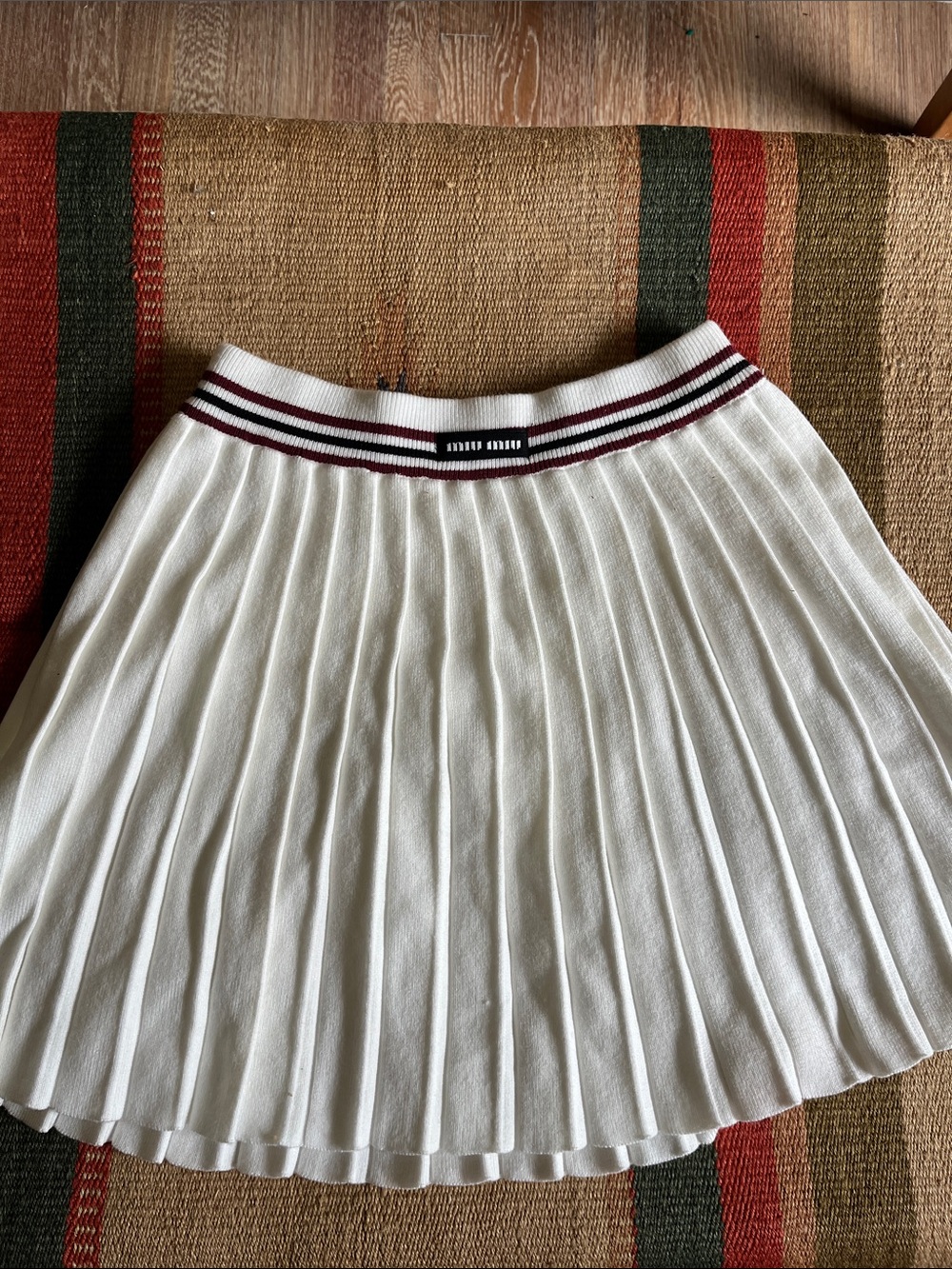 Miu Miu  Knock-Off White Pleated Skater Skirt with Maroon and Black Waistband